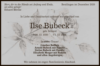 Anzeige von Ilse Bubeck von Reutlinger General-Anzeiger