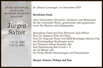 Anzeige von Jürgen Salzer von Reutlinger General-Anzeiger