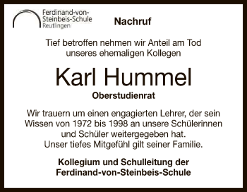 Anzeige von Karl Hummel von Reutlinger General-Anzeiger