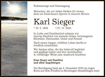 Anzeige von Karl Sieger von Reutlinger General-Anzeiger