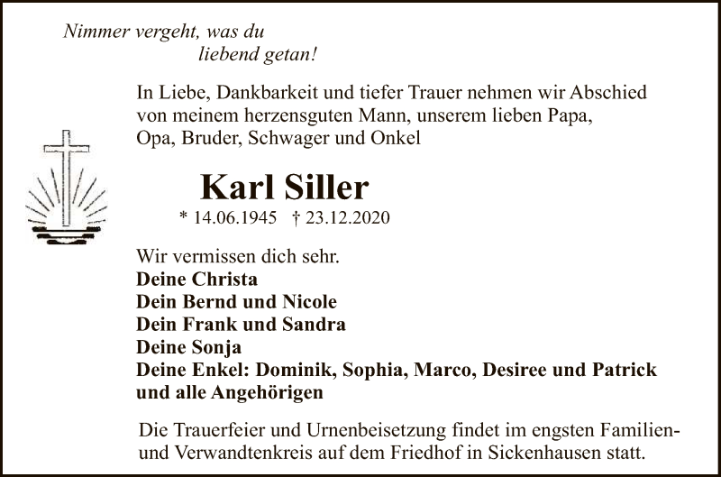  Traueranzeige für Karl Siller vom 30.12.2020 aus Reutlinger General-Anzeiger