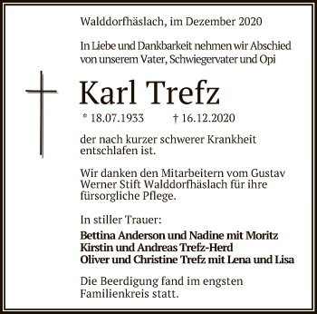 Anzeige von Karl Trefz von Reutlinger General-Anzeiger