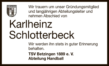 Anzeige von Karlheinz Schlotterbeck von Reutlinger General-Anzeiger