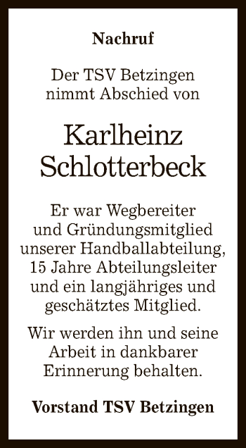 Anzeige von Karlheinz Schlotterbeck von Reutlinger General-Anzeiger