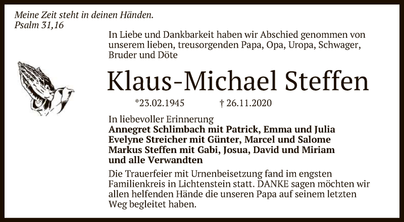  Traueranzeige für Klaus-Michael Steffen vom 15.12.2020 aus Reutlinger General-Anzeiger