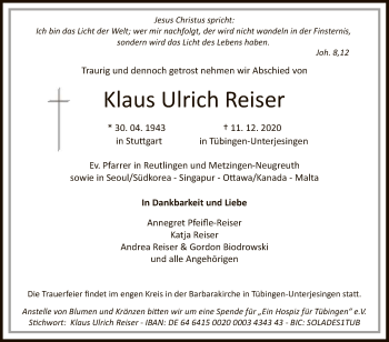 Anzeige von Klaus Ulrich Reiser von Reutlinger General-Anzeiger