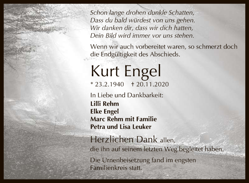 Traueranzeigen Von Kurt Engel Trauer Gea De