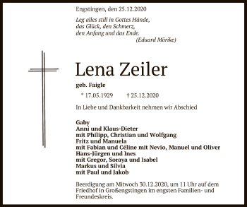 Anzeige von Lena Zeiler von Reutlinger General-Anzeiger