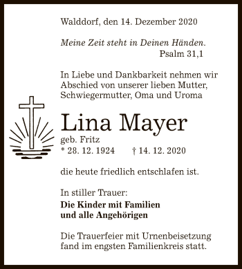 Anzeige von Lina Mayer von Reutlinger General-Anzeiger