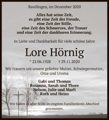 Anzeige von Lore Hörnig von Reutlinger General-Anzeiger