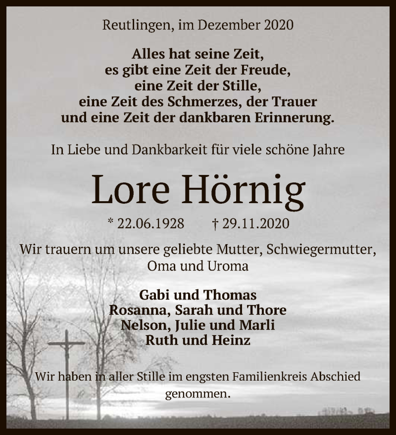  Traueranzeige für Lore Hörnig vom 16.12.2020 aus Reutlinger General-Anzeiger
