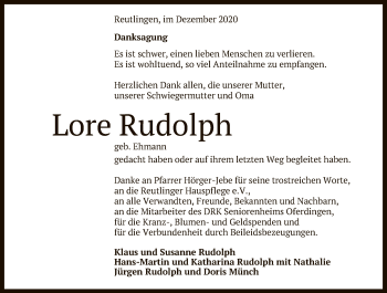 Anzeige von Lore Rudolph von Reutlinger General-Anzeiger