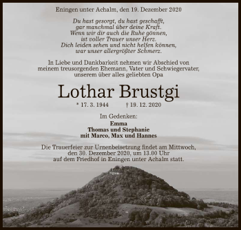 Anzeige von Lothar Brustgi von Reutlinger General-Anzeiger