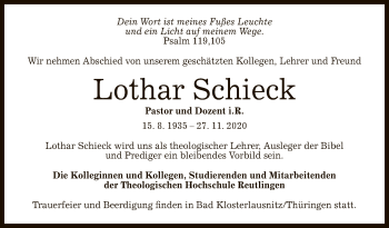 Anzeige von Lothar Schieck von Reutlinger General-Anzeiger