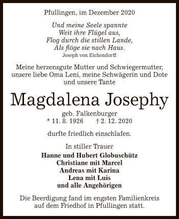 Anzeige von Magdalena Josephy von Reutlinger General-Anzeiger