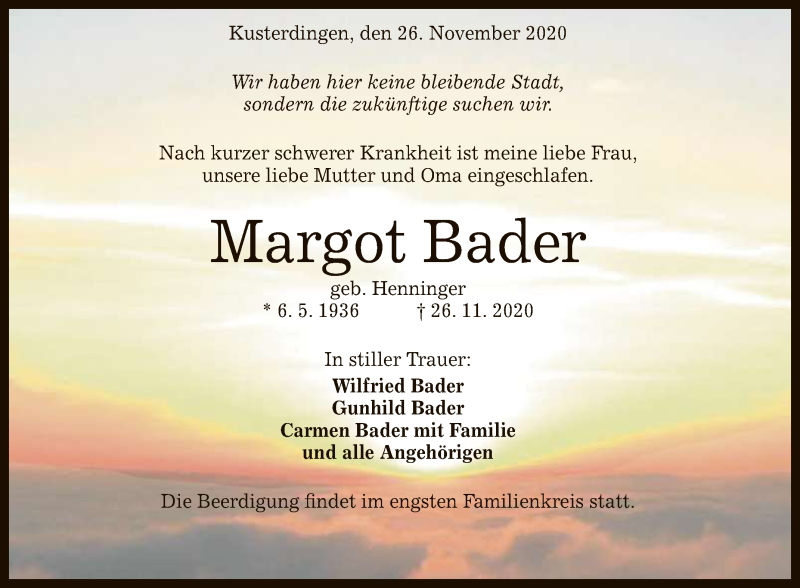  Traueranzeige für Margot Bader vom 01.12.2020 aus Reutlinger General-Anzeiger