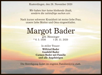 Anzeige von Margot Bader von Reutlinger General-Anzeiger