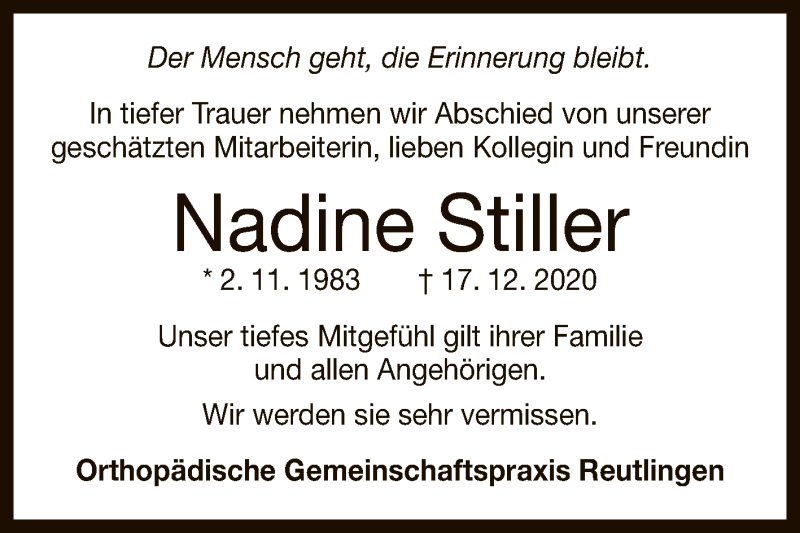  Traueranzeige für Nadine Stiller vom 23.12.2020 aus Reutlinger General-Anzeiger