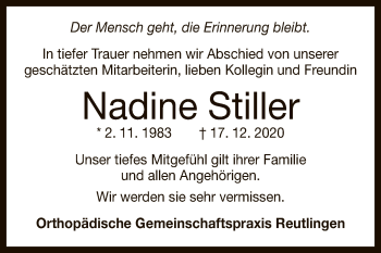 Anzeige von Nadine Stiller von Reutlinger General-Anzeiger