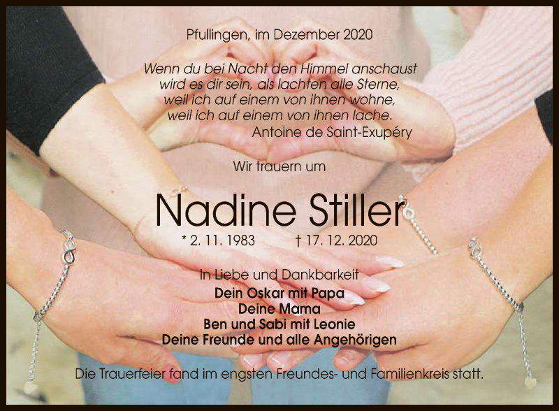  Traueranzeige für Nadine Stiller vom 23.12.2020 aus Reutlinger General-Anzeiger
