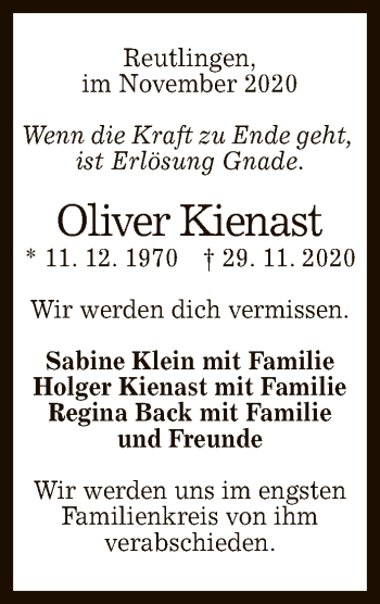 Anzeige von Oliver Kienast von Reutlinger General-Anzeiger