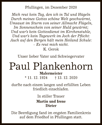 Anzeige von Paul Plankenhorn von Reutlinger General-Anzeiger