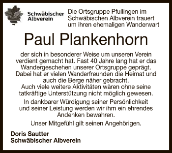 Anzeige von Paul Plankenhorn von Reutlinger General-Anzeiger