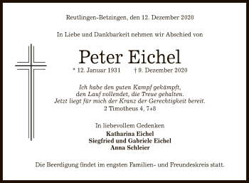 Anzeige von Peter Eichel von Reutlinger General-Anzeiger