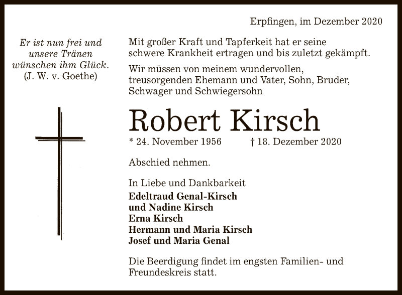  Traueranzeige für Robert Kirsch vom 22.12.2020 aus Reutlinger General-Anzeiger