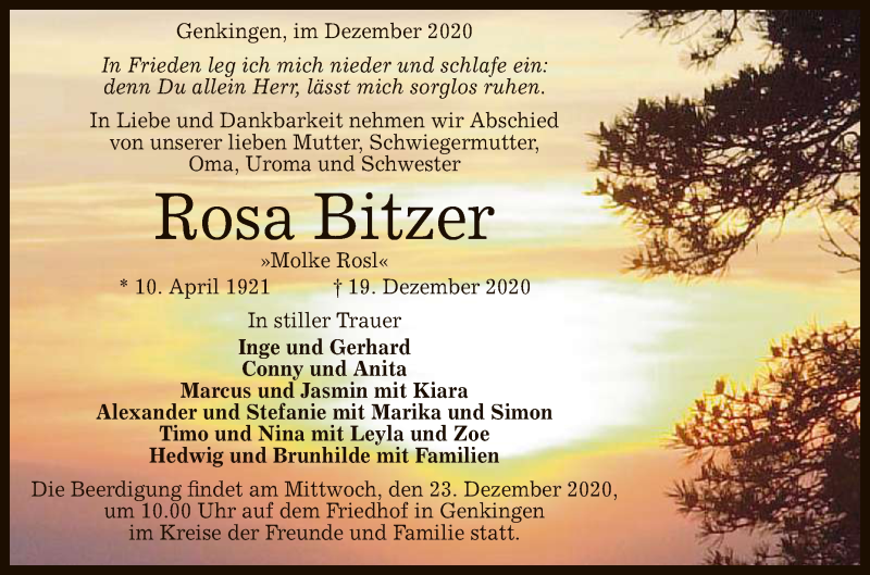  Traueranzeige für Rosa Bitzer vom 22.12.2020 aus Reutlinger General-Anzeiger
