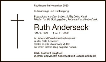 Anzeige von Ruth Anderseck von Reutlinger General-Anzeiger