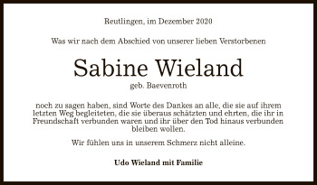 Anzeige von Sabine Wieland von Reutlinger General-Anzeiger