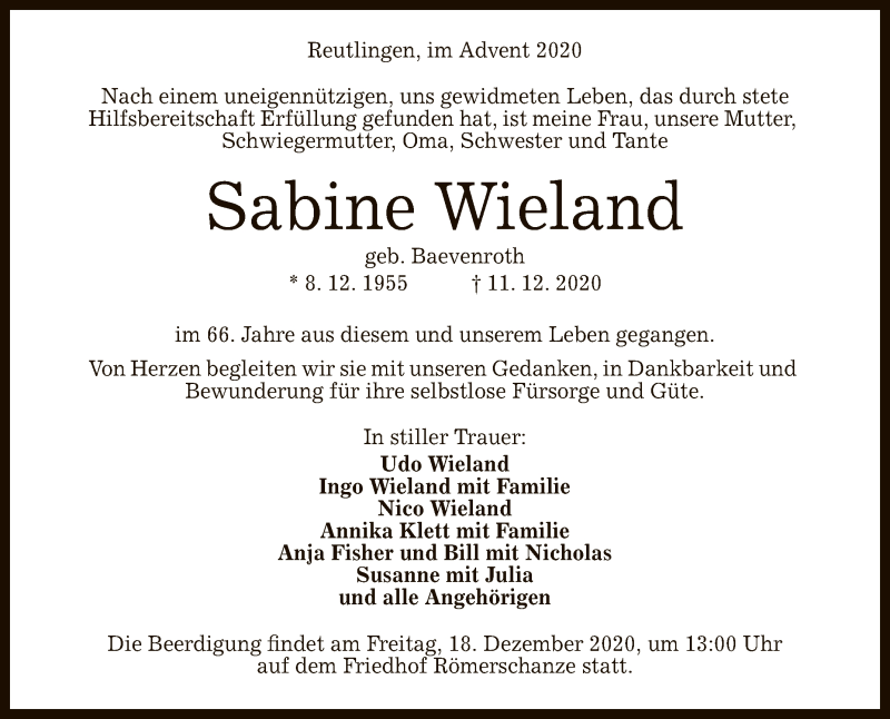  Traueranzeige für Sabine Wieland vom 15.12.2020 aus Reutlinger General-Anzeiger