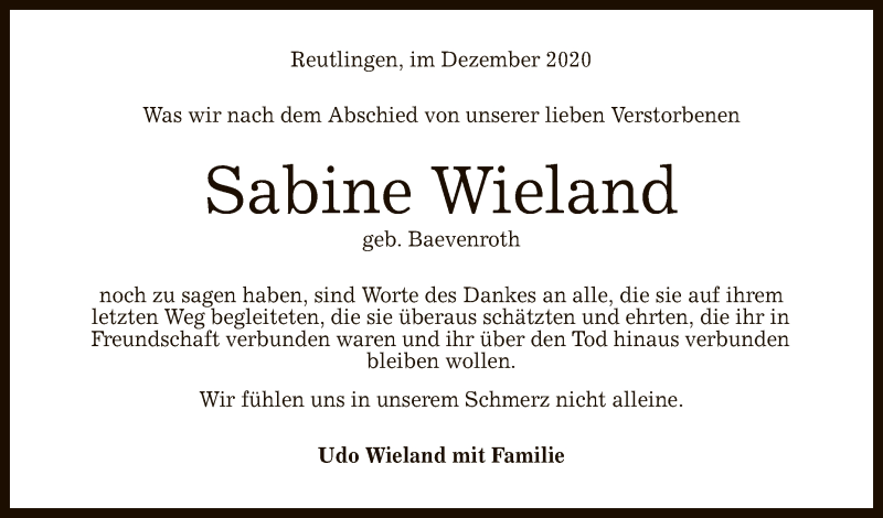  Traueranzeige für Sabine Wieland vom 23.12.2020 aus Reutlinger General-Anzeiger