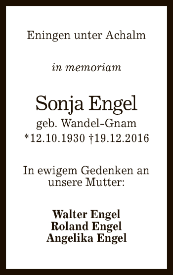 Anzeige von Sonja Engel von Reutlinger General-Anzeiger