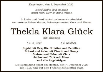 Anzeige von Thekla Klara Glück von Reutlinger General-Anzeiger