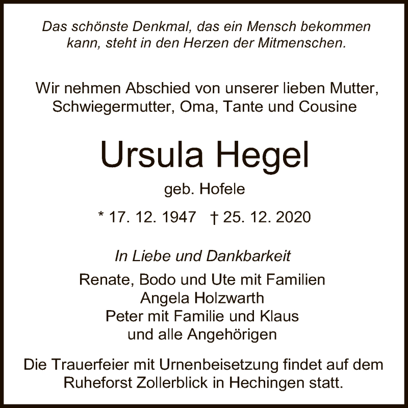  Traueranzeige für Ursula Hegel vom 29.12.2020 aus Reutlinger General-Anzeiger