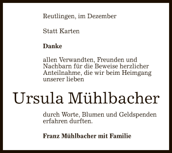 Anzeige von Ursula Mühlbacher von Reutlinger General-Anzeiger