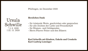 Anzeige von Ursula Schwille von Reutlinger General-Anzeiger