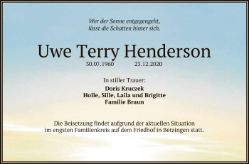 Anzeige von Uwe Terry Henderson von Reutlinger General-Anzeiger