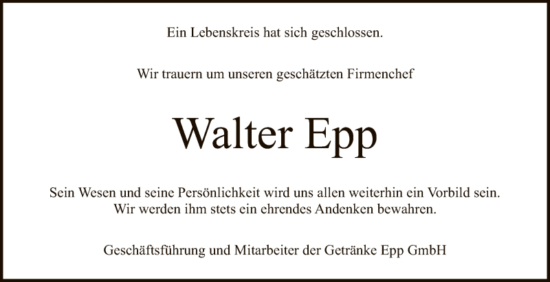  Traueranzeige für Walter Epp vom 19.12.2020 aus Reutlinger General-Anzeiger