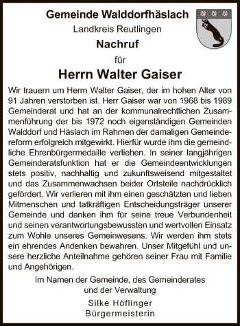 Anzeige von Walter Gaiser von Reutlinger General-Anzeiger