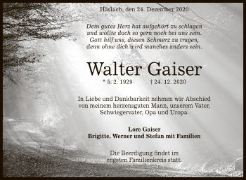 Anzeige von Walter Gaiser von Reutlinger General-Anzeiger