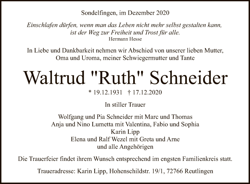  Traueranzeige für Waltrud  Schneider vom 28.12.2020 aus Reutlinger General-Anzeiger