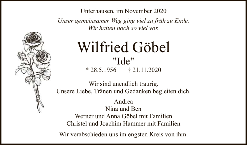  Traueranzeige für Wilfried Göbel vom 01.12.2020 aus Reutlinger General-Anzeiger