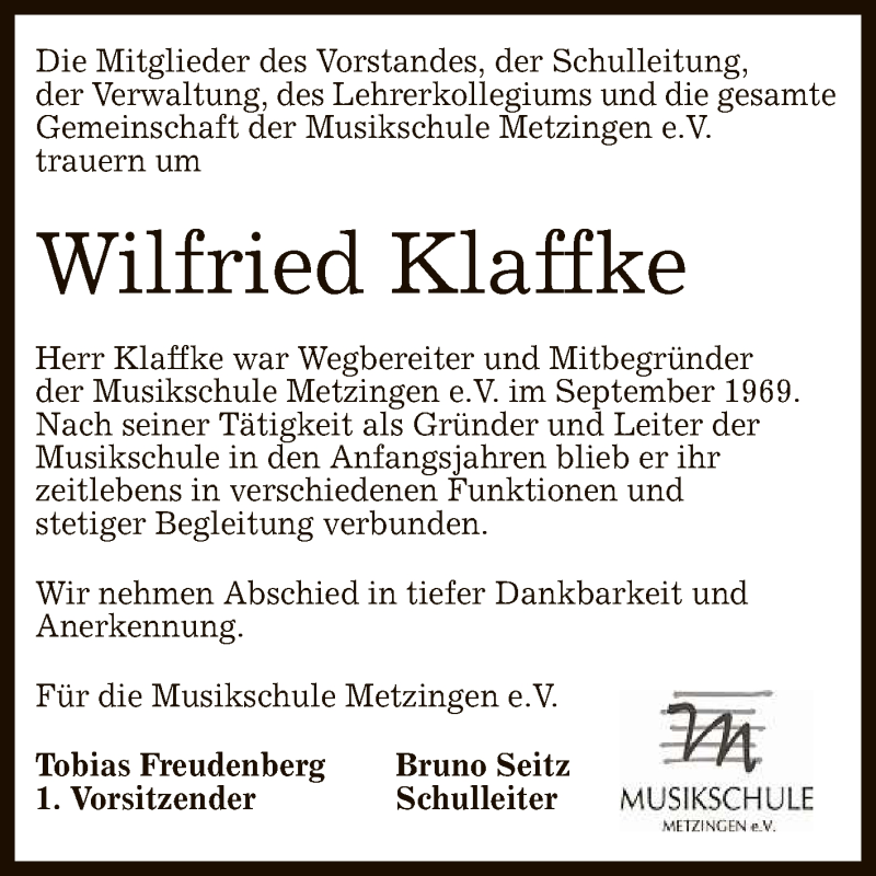  Traueranzeige für Wilfried Klaffke vom 07.12.2020 aus Reutlinger General-Anzeiger