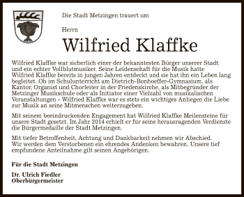 Anzeige von Wilfried Klaffke von Reutlinger General-Anzeiger