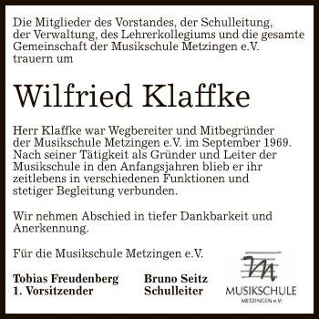 Anzeige von Wilfried Klaffke von Reutlinger General-Anzeiger