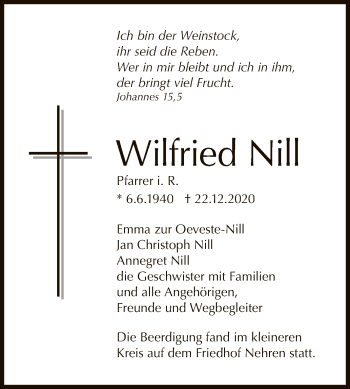 Anzeige von Wilfried Nill von Reutlinger General-Anzeiger