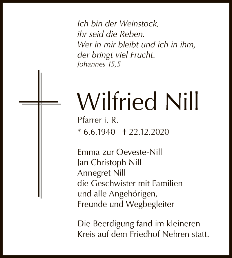  Traueranzeige für Wilfried Nill vom 30.12.2020 aus Reutlinger General-Anzeiger